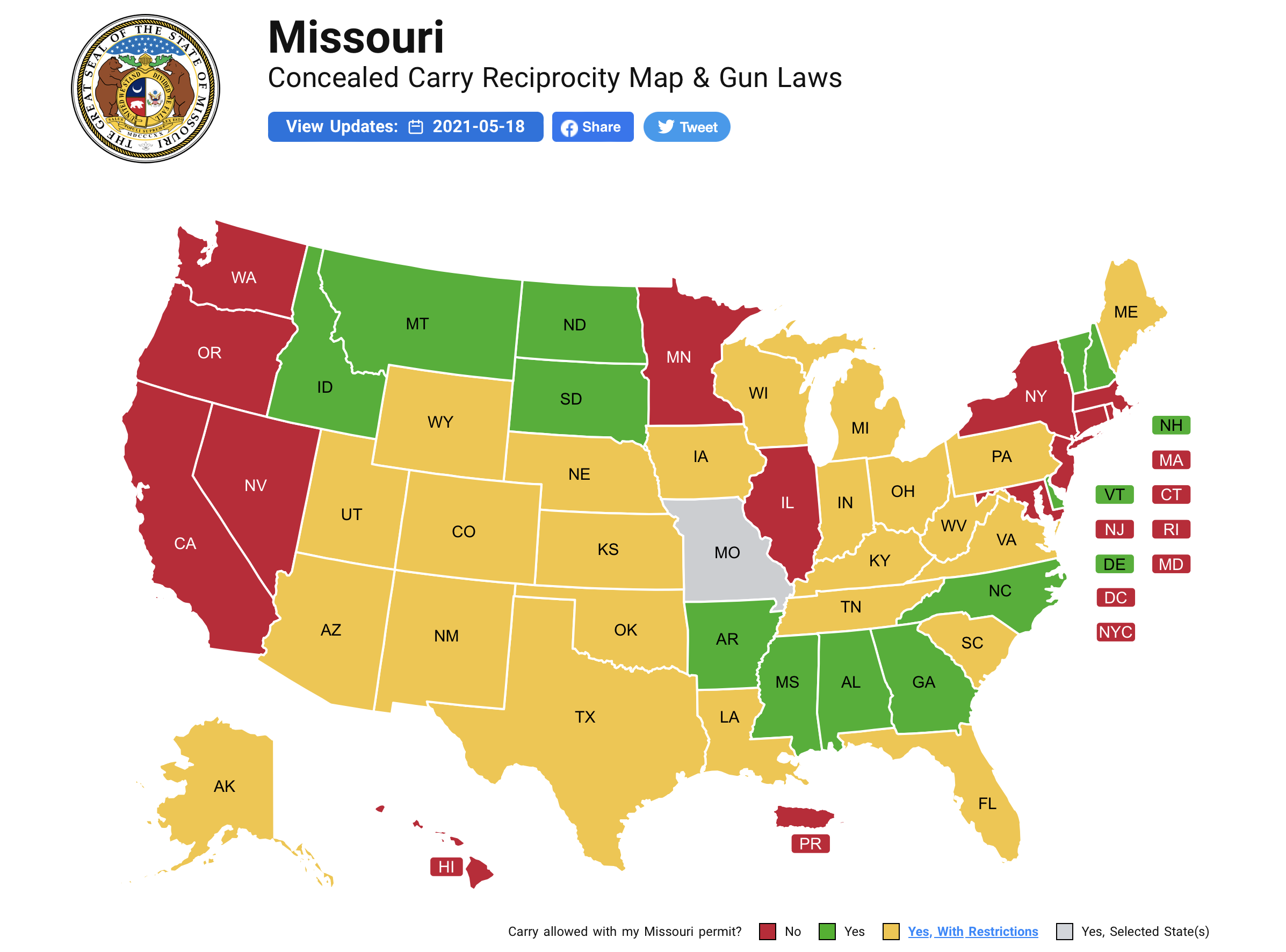 Missouri CCW Reciprocity Map For Conceal Carry